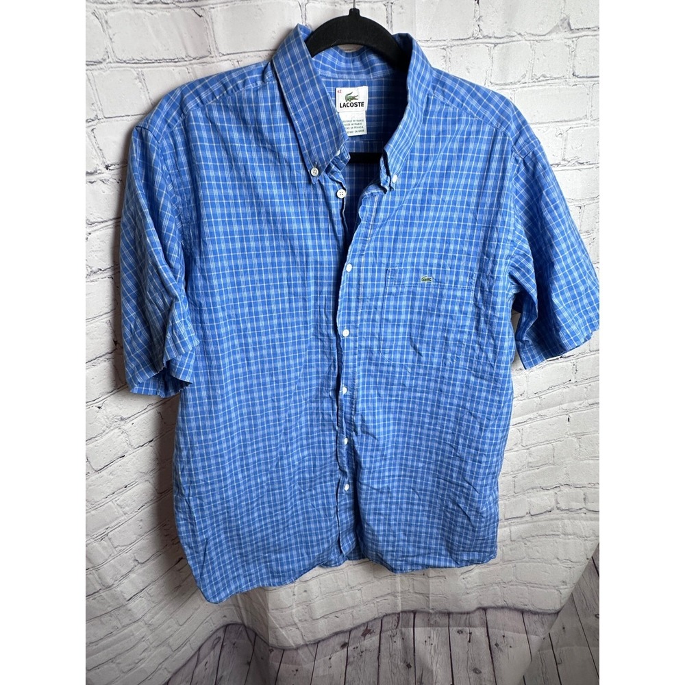 Lacoste Plaid Button Down Short Sleeve Casual Shirt, Size 42